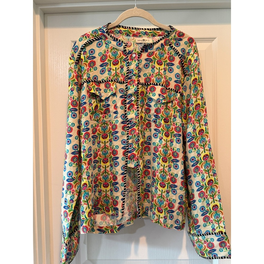 Natural Life Calypso Button Down Multicolor Floral Boho Top Shirt Size L Preppy
